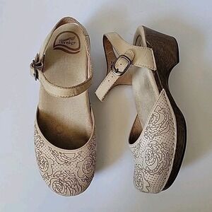 Dansko Beige Floral Leather Mary Jane Sandals